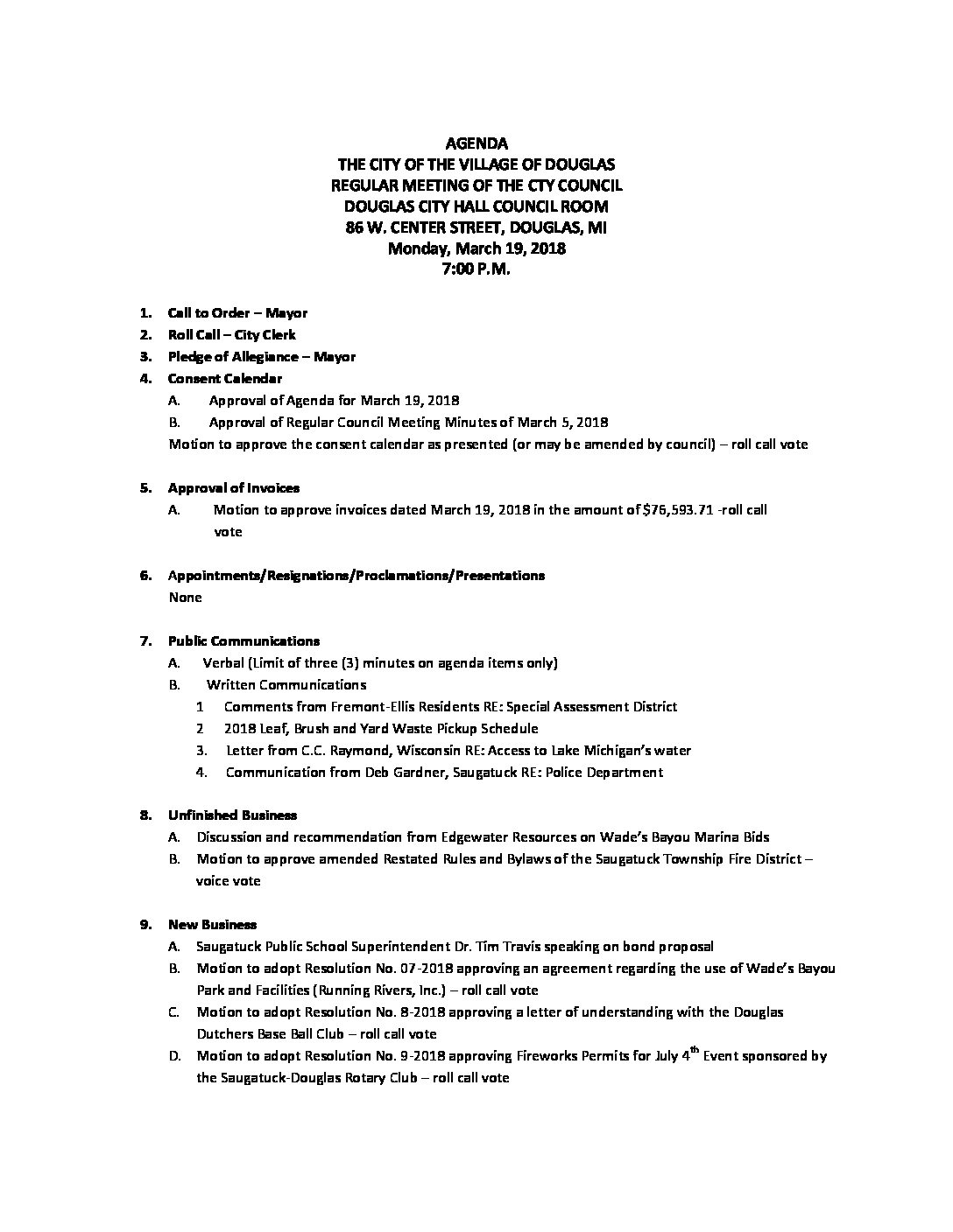 Council Agenda - The City of the Village of Douglas