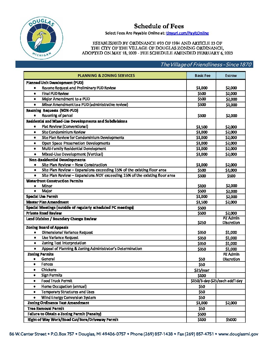 Schedule Of Fees 2023 The City Of The Village Of Douglas