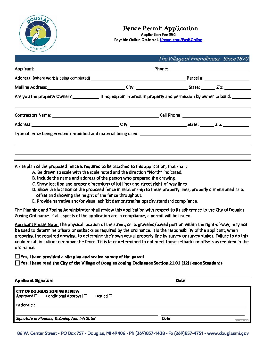 Fence Permit Application - Fillable - The City of the Village of Douglas