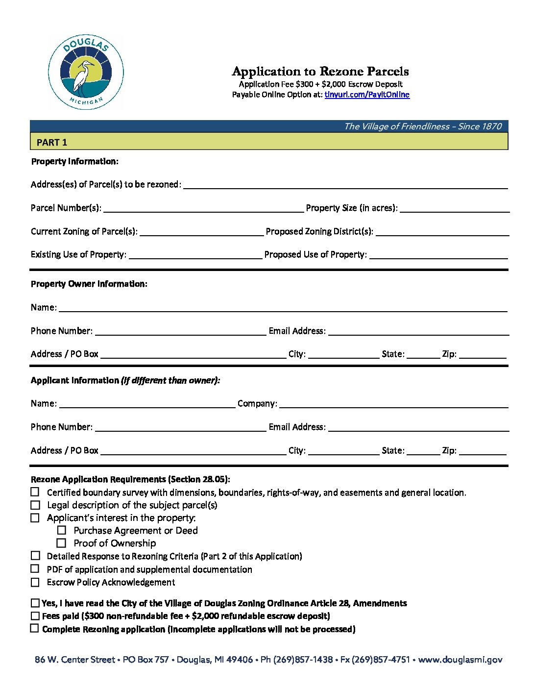 Rezone Parcel Application Fillable The City Of The Village Of Douglas